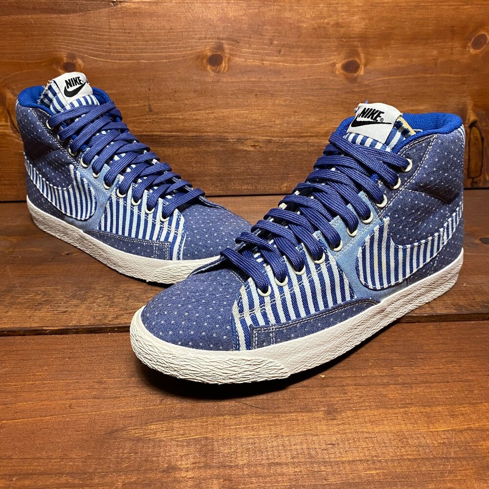 Nike Blazer Mid Shoes Premium Vintage Denim Patch Work Hickory Striped Size 9_US